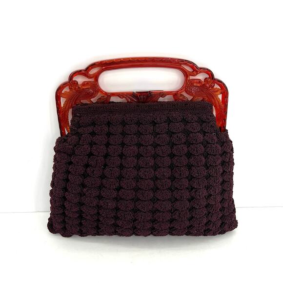 Vintage 1970s crochet handbag Pheasant Peacock Handle Snap Closure - Picture 2 of 5